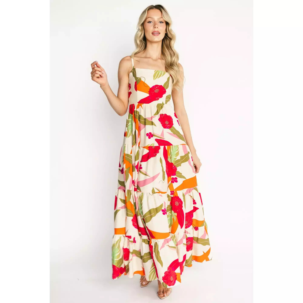 Baltic Born Silvia Tiered Maxi Dress | Natural + Pink Multi Size S